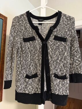 Ann Taylor Black & White Marled Button-Front Cardigan